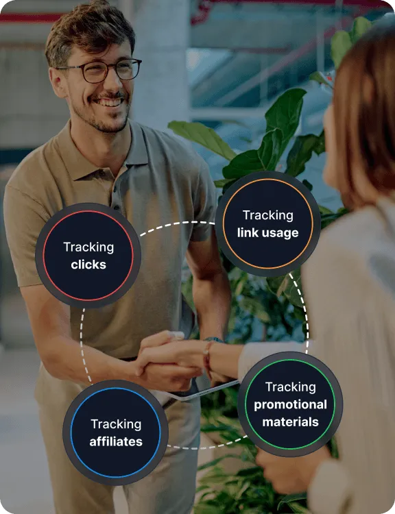 Ein Affiliate-Manager schüttelt einem Partner die Hand, umgeben von Symbolen für das Tracking von Klicks, Linknutzung, Affiliates und Werbematerialien.