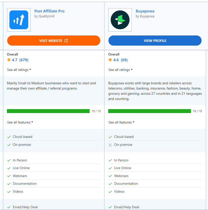 Post Affiliate Pro vs Buyapowa Vergleich der Funktionen.
