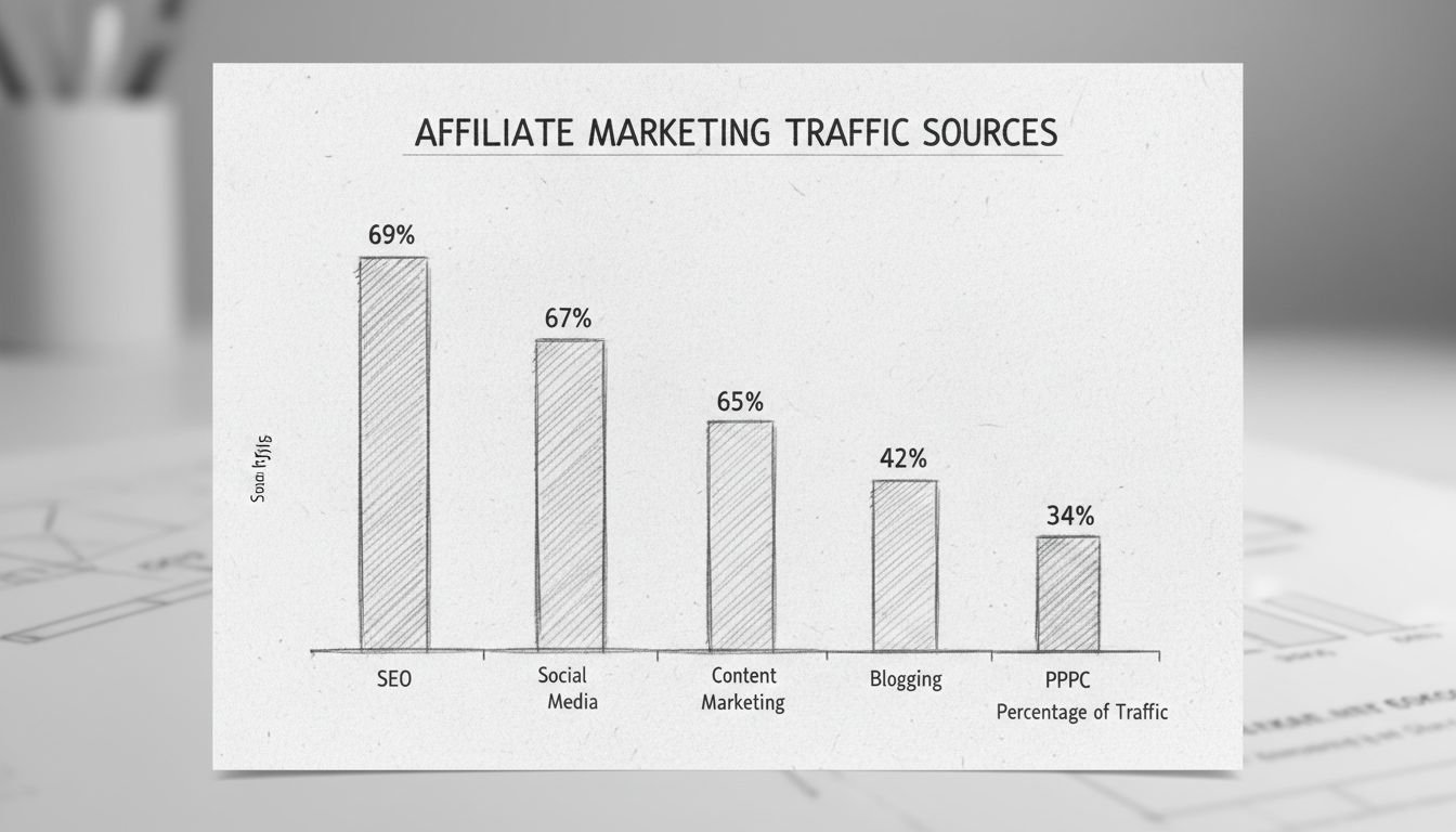 Affiliate-Marketing-Traffic-Quellen: SEO 69 %, Social Media 67 %, Content-Marketing 65 %, Blogging 64 %, E-Mail 42 %, PPC 34 %