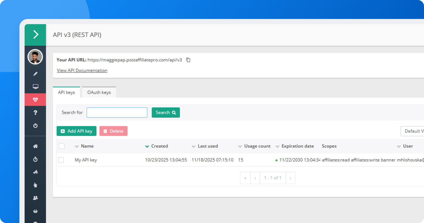 Post Affiliate Pro REST API v3 (Beta) Dokumentationsschnittstelle mit OpenAPI 3.0 Spezifikation, Token-basierter Authentifizierungseinrichtung und API-Schlüsselverwaltungsbildschirm mit Scopes und Ablaufdaten