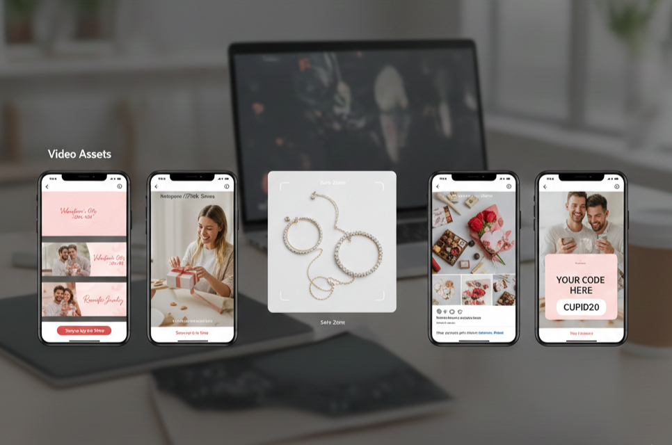 Social-first Affiliate-Marketing-Assets auf mobilen Geräten mit Instagram Stories, TikTok und Feed-Post-Dimensionen mit Valentinstag-Creative-Beispielen