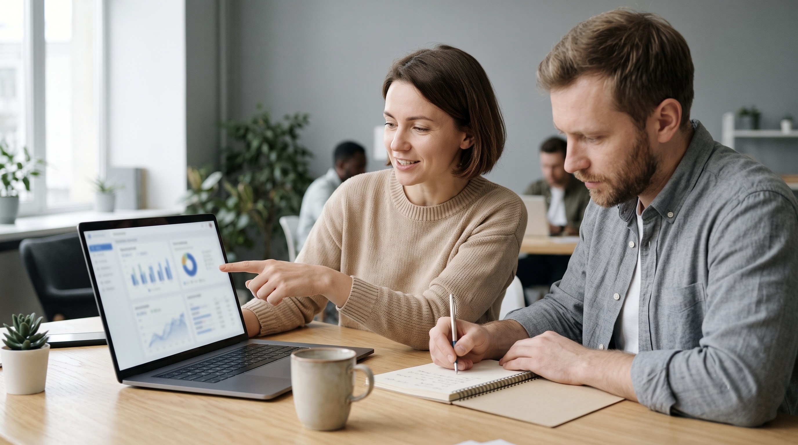 Zwei Marketing-Mitarbeiter vergleichen Optionen für Affiliate-Tracking-Software auf einem Laptop-Dashboard