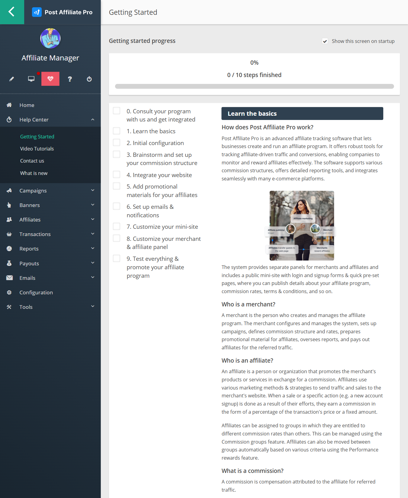 Post Affiliate Pro's neuer Help Center-Bereich im Merchant-Panel, der die Sektion "Erste Schritte", Video-Tutorials und Neuigkeiten in Post Affiliate Pro zeigt.