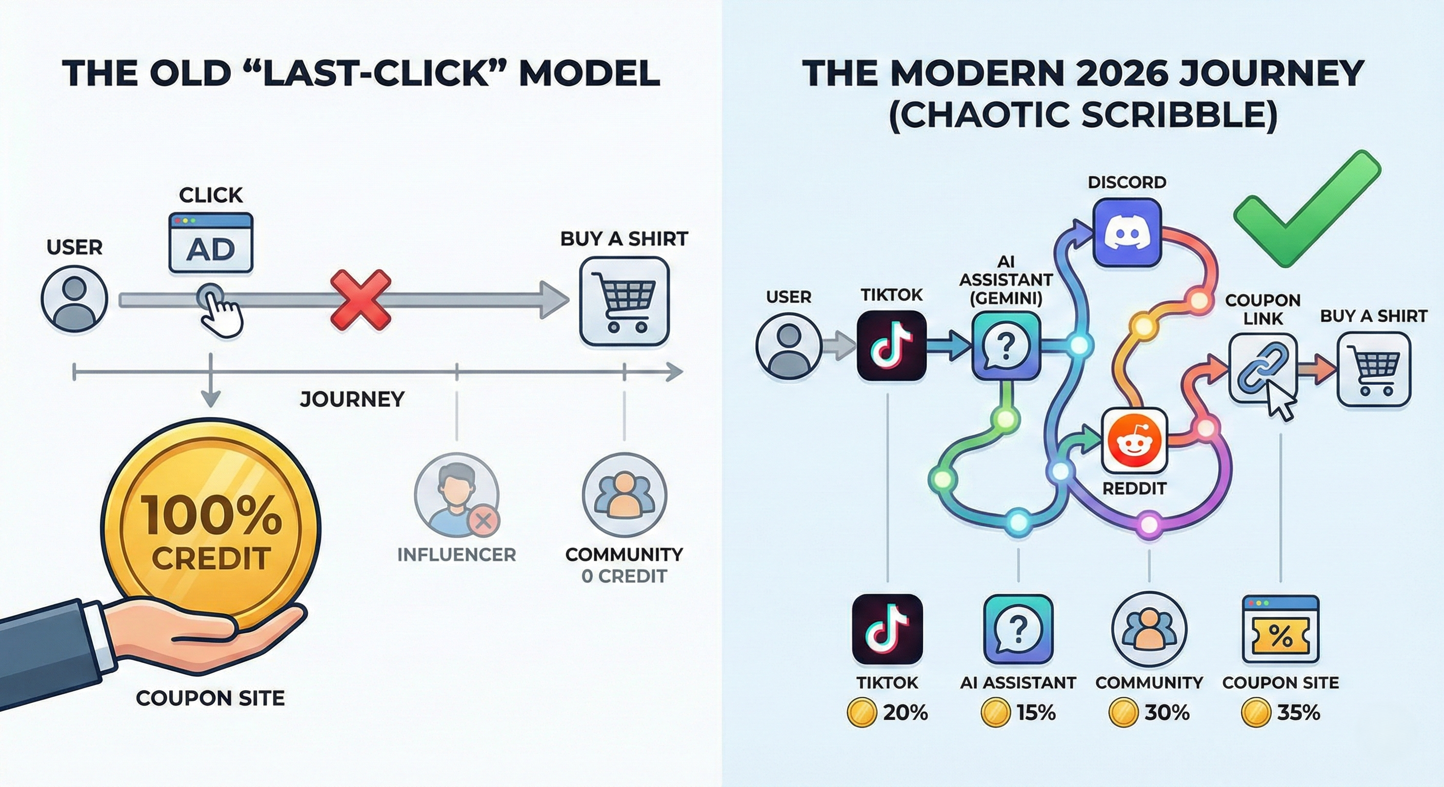 Customer Journey zeigt Last-Click-Attributionsmodell, das dem finalen Coupon-Link 100% der Gutschrift gibt, während TikTok-Creator, KI-Assistent und Discord-Community-Beiträge ignoriert werden