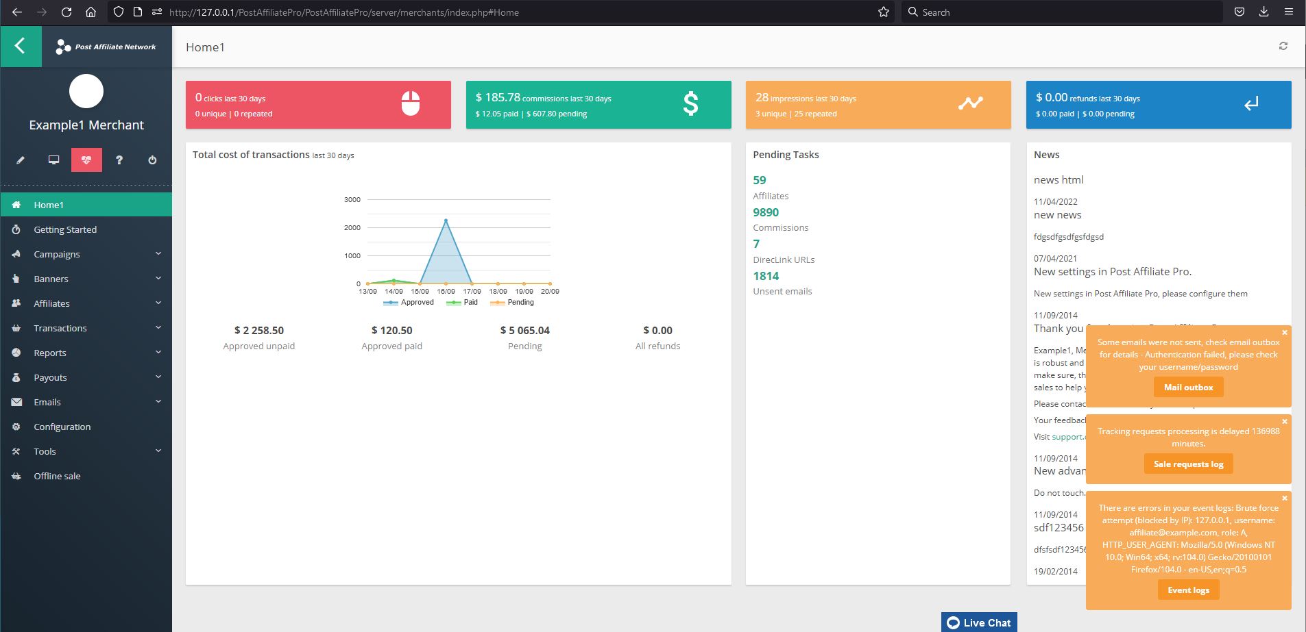 Post Affiliate Pro Merchant app notification for critical events