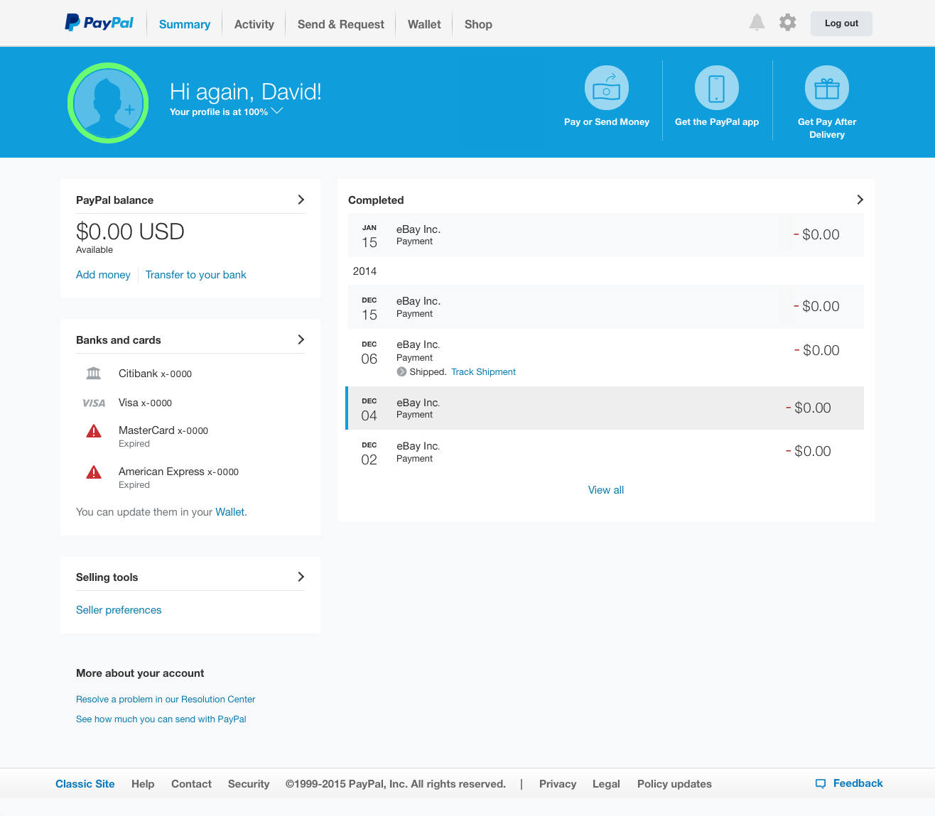 PayPal dashboard
