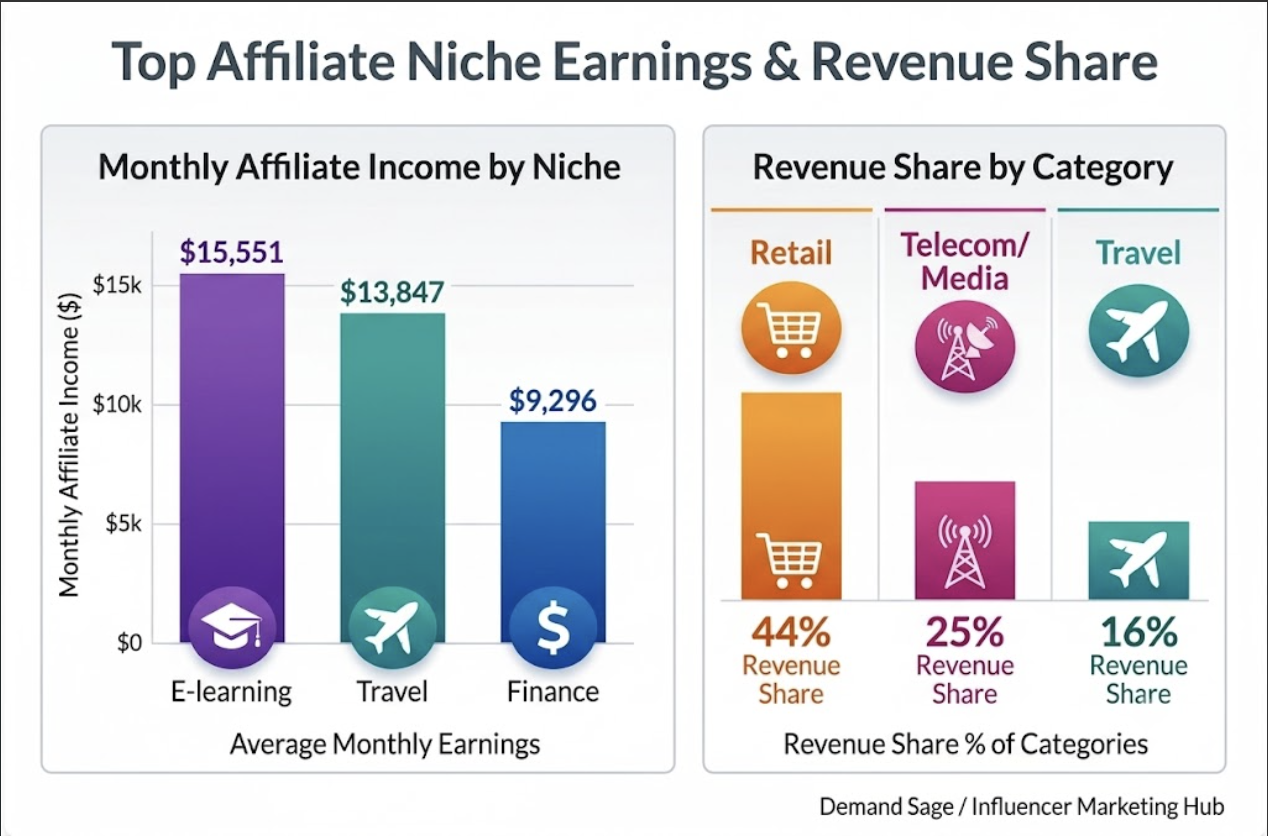 Vergleichsdiagramm der besten Affiliate-Marketing-Nischen mit Einnahmen und Provisionssätzen