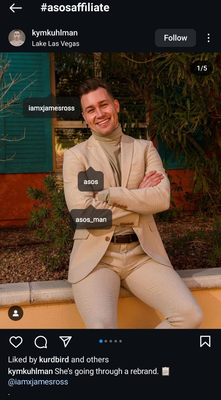 Ein Screenshot eines Instagram-Posts von @kymkuhlman, der Kleidung als Affiliate-Marketer präsentiert.