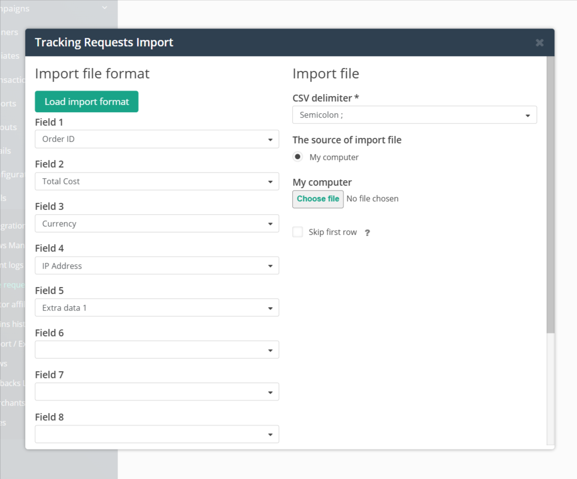 Tracking-Anfrage-Import, wo es möglich ist, Dateien vor dem Hochladen zu reformatieren.