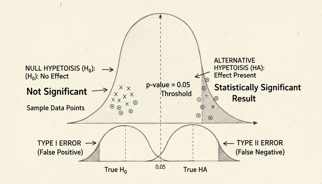 Statistische Signifikanz – Glockenkurven-Diagramm mit P-Wert-Schwelle, Nullhypothese, Alternativhypothese sowie Fehler 1. und 2. Art