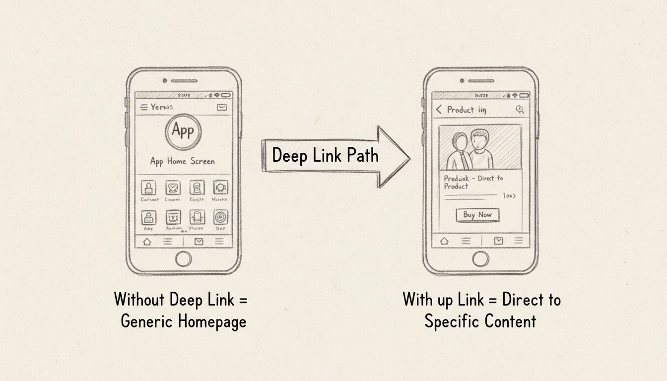 Diagramm für Mobile Deep Linking, das die direkte Navigation zu spezifischem App-Inhalt im Vergleich zur generischen Startseite zeigt