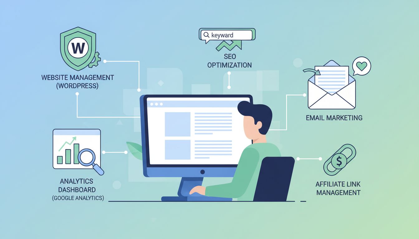 Infografik Affiliate-Marketing: Technische Fähigkeiten wie Website-Verwaltung, Analyse, SEO, E-Mail-Marketing und Link-Management