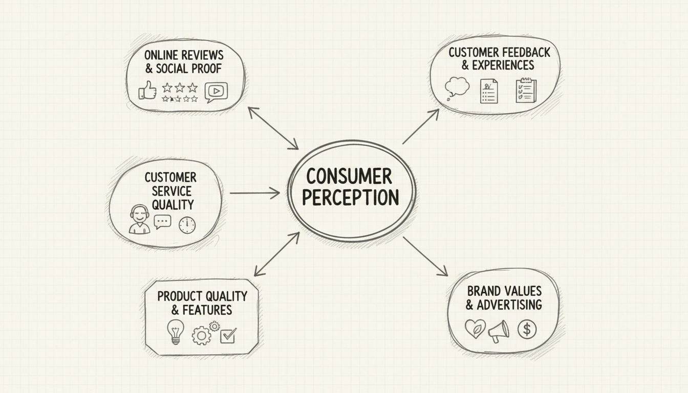 Diagram showing five key factors influencing consumer perception: online reviews, customer service quality, product quality, brand values and advertising, and customer feedback