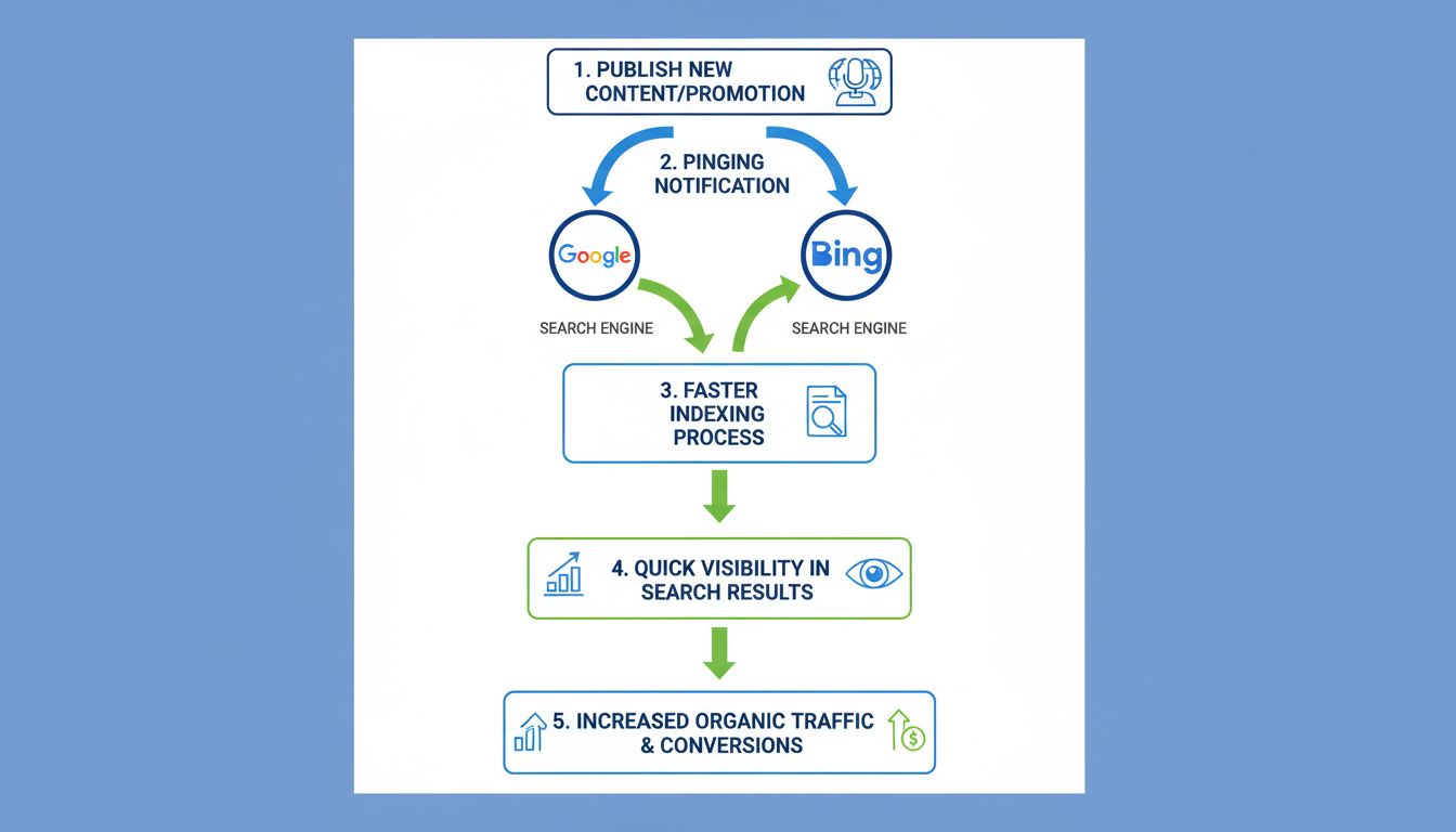 Infografik zeigt, wie Pingen Affiliate-Marketer unterstützt – vom Erstellen der Inhalte über die Benachrichtigung der Suchmaschine bis zu schnellerer Indexierung und mehr Conversions