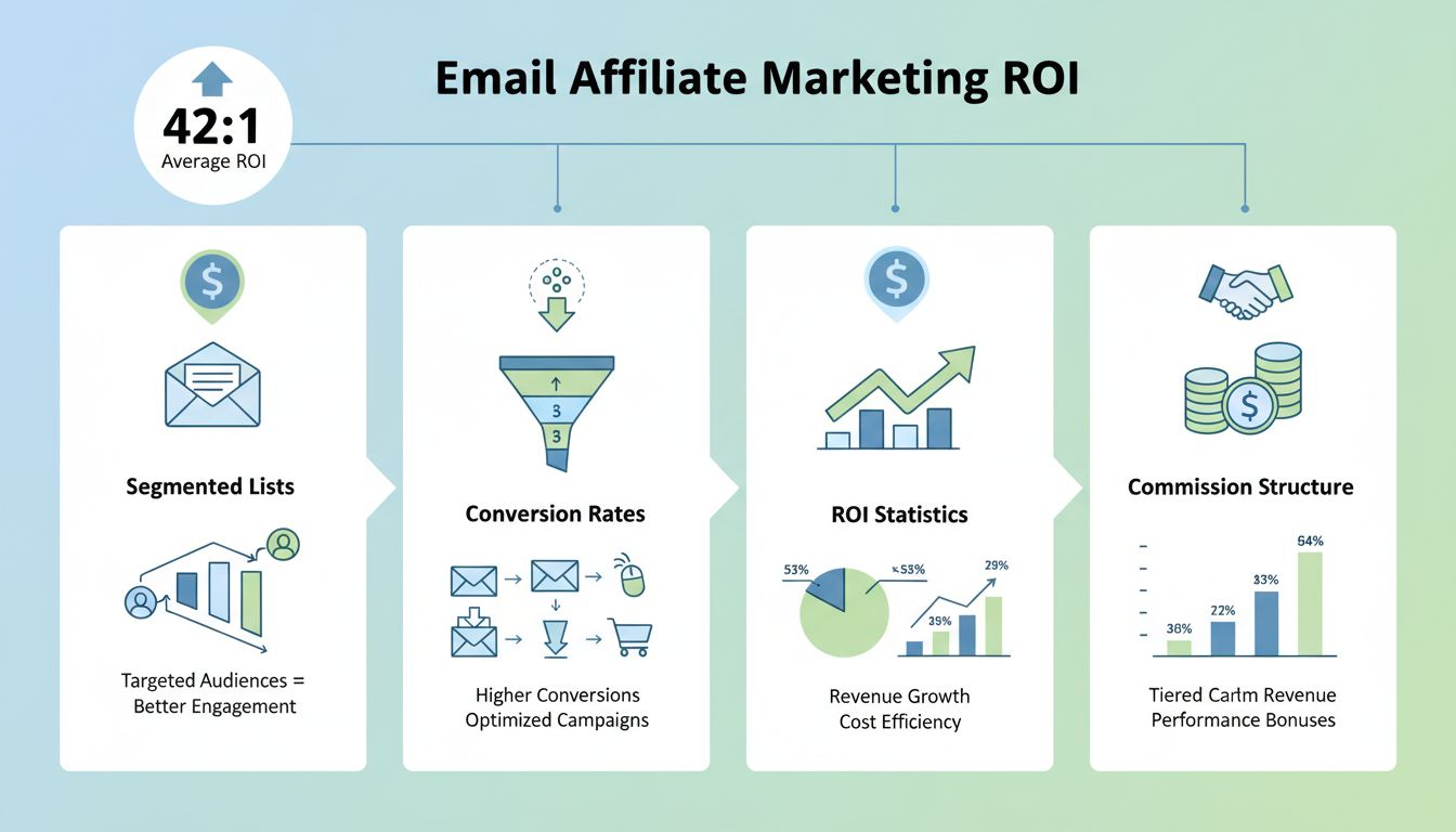 Infografik zur ROI-Strategie im E-Mail-Affiliate-Marketing mit Conversion-Metriken und Segmentierungsvorteilen