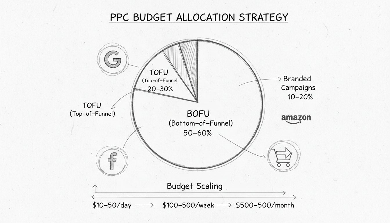 PPC-Budgetverteilung-Strategie mit Tortendiagramm: TOFU 20-30%, BOFU 50-60% und Branded-Kampagnen 10-20% sowie Budget-Skalierungsprogression