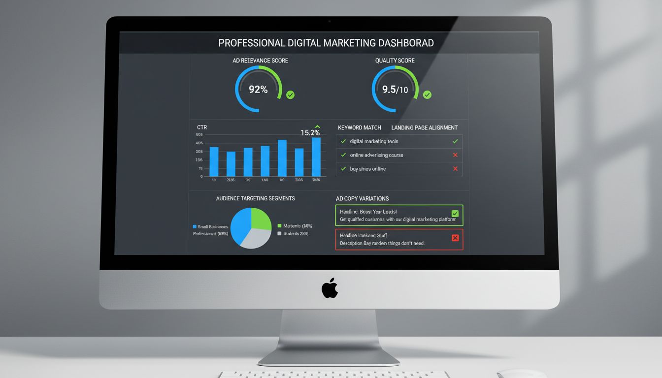 Dashboard mit Anzeigenrelevanz-Metriken zeigt Qualitätsfaktoren, CTR und Keyword-Performance