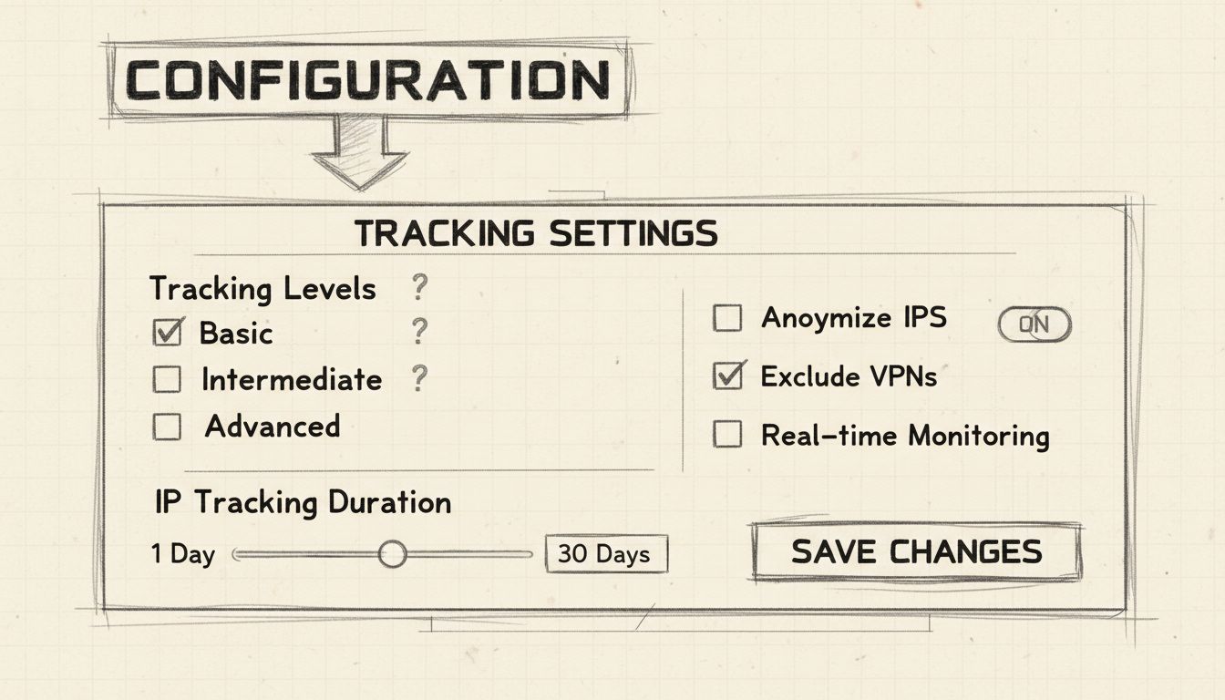 IP Tracking Configuration Interface showing Tracking Levels settings panel with duration slider and save options