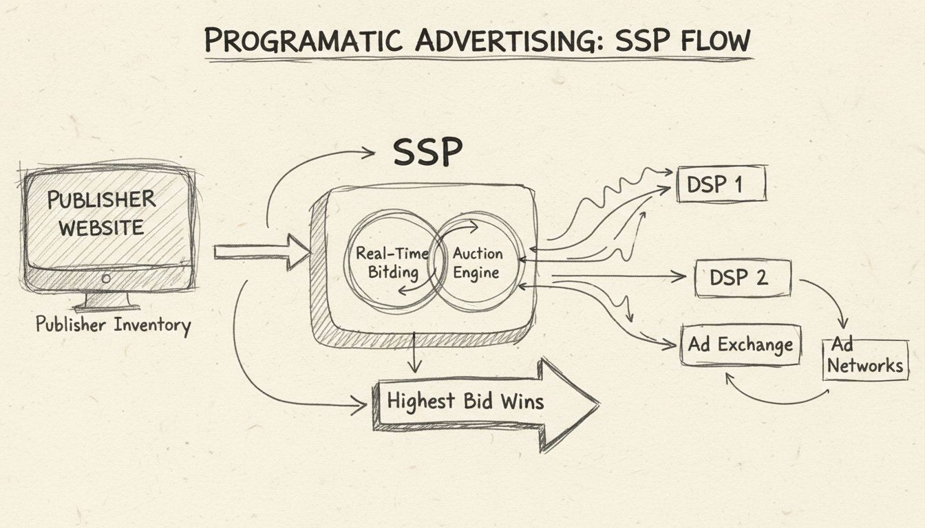 Handgezeichnetes Diagramm zeigt SSP-Architektur mit Publisher-Inventar, Echtzeit-Bidding-Engine und mehreren Nachfrageseiten, die um Anzeigenplatzierungen konkurrieren