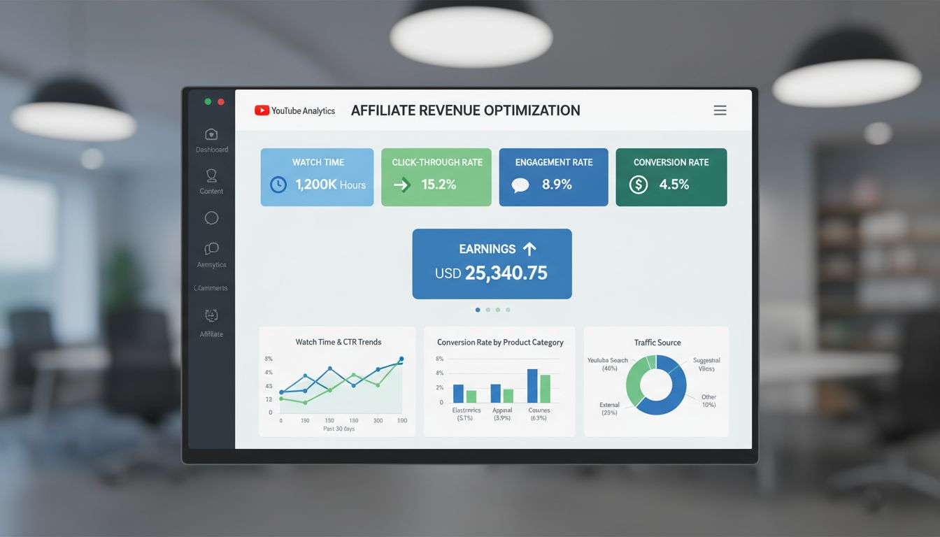YouTube-Affiliate-Einnahmen-Optimierungs-Dashboard mit Analysemetriken wie Wiedergabezeit, Klickrate, Engagement-Rate, Conversion-Rate und Einnahmen inklusive Diagrammen und Performance-Indikatoren
