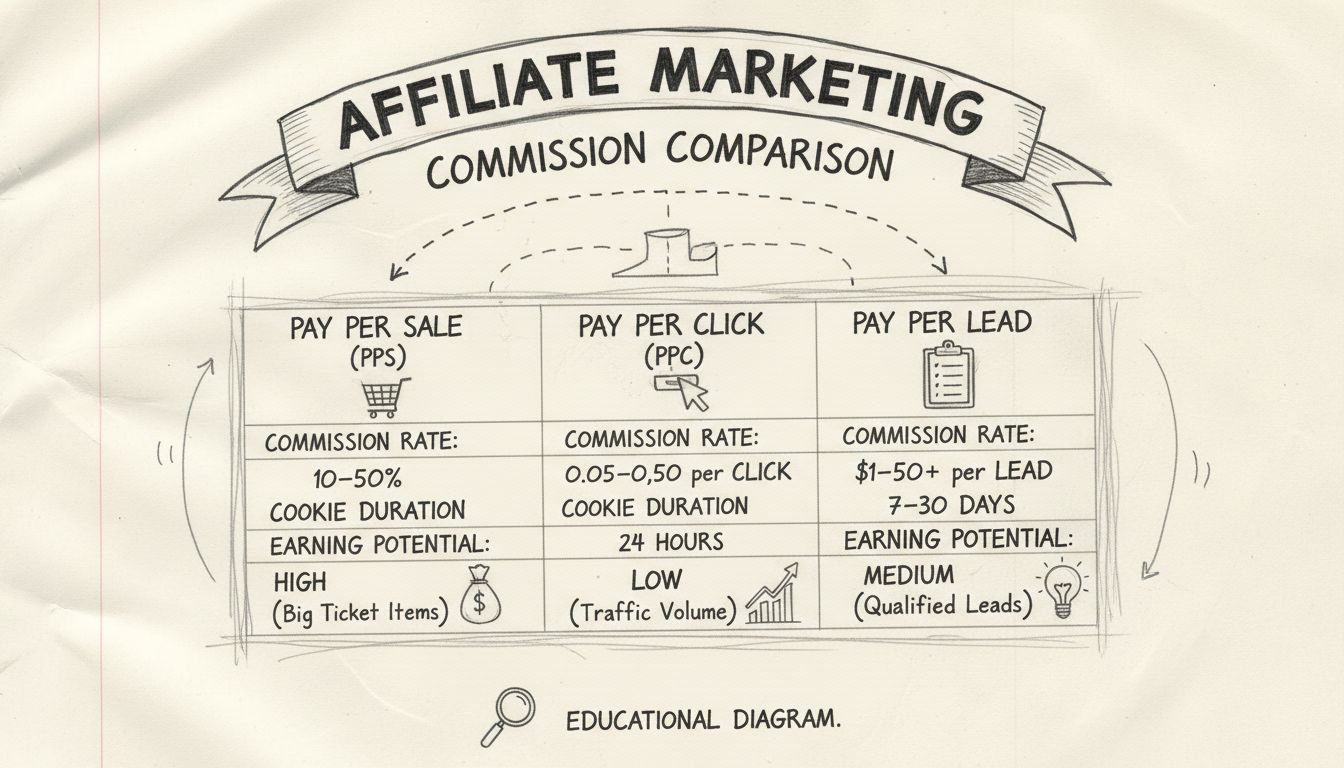 Handgezeichnetes Vergleichsdiagramm von Affiliate-Provisionsmodellen mit PPS vs PPC vs PPL, inklusive Raten, Cookie-Laufzeit und Verdienstpotenzial