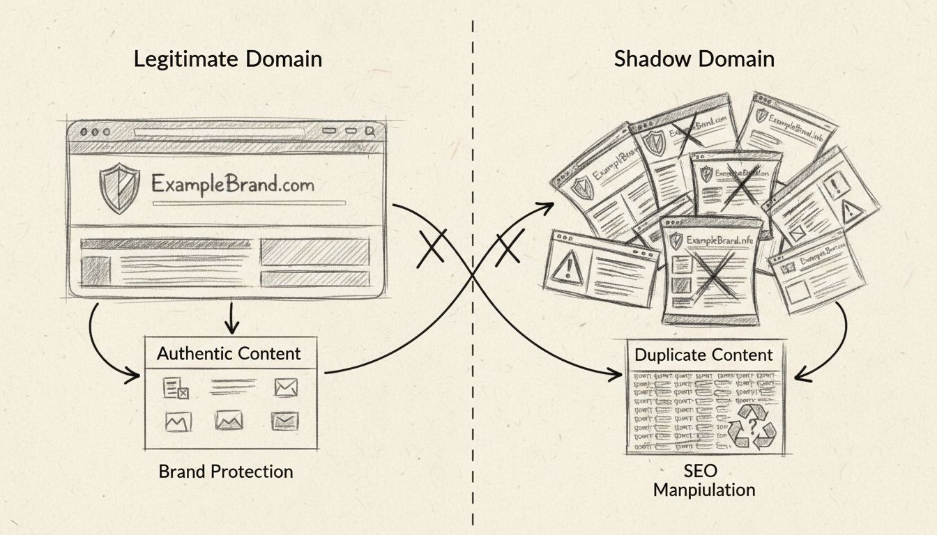 Handgezeichnetes Diagramm, das legitime Domains mit Shadow Domains vergleicht und Unterschiede in Branding, Inhaltsauthentizität und SEO-Praktiken zeigt