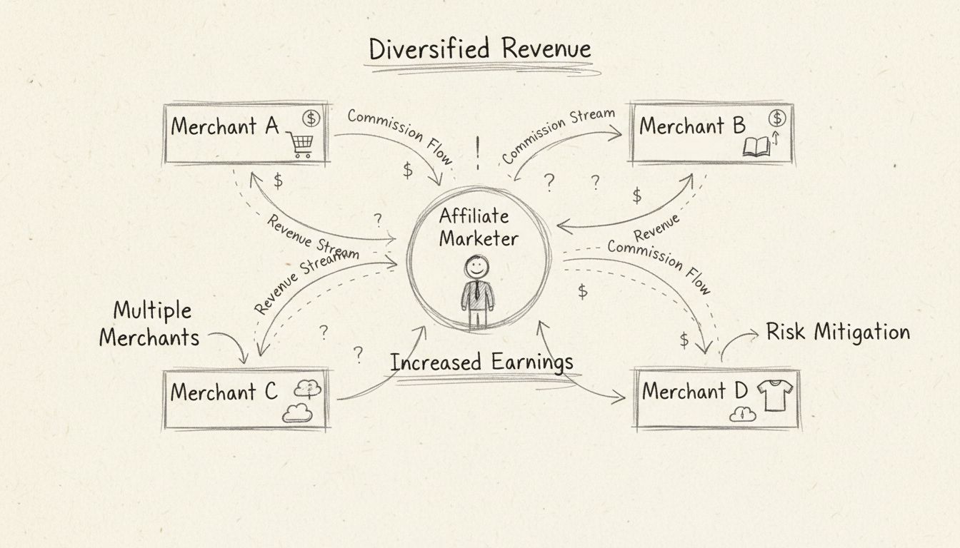 Handgezeichnetes Diagramm, das einen Affiliate-Marketer zeigt, der mit mehreren Händlern verbunden ist – mit diversifizierten Einnahmequellen und Provisionsflüssen