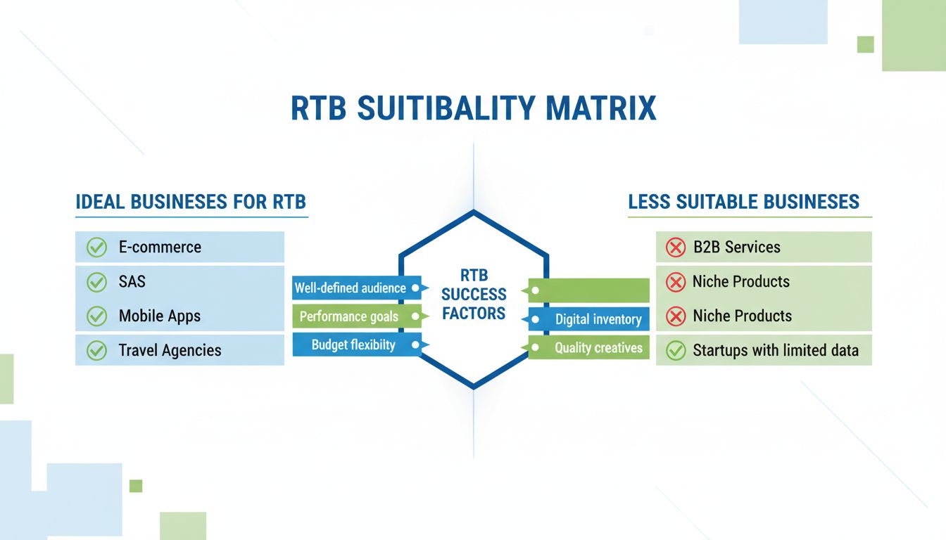 RTB-Eignungsmatrix, zeigt ideale und weniger geeignete Geschäftsarten für Real-Time Bidding