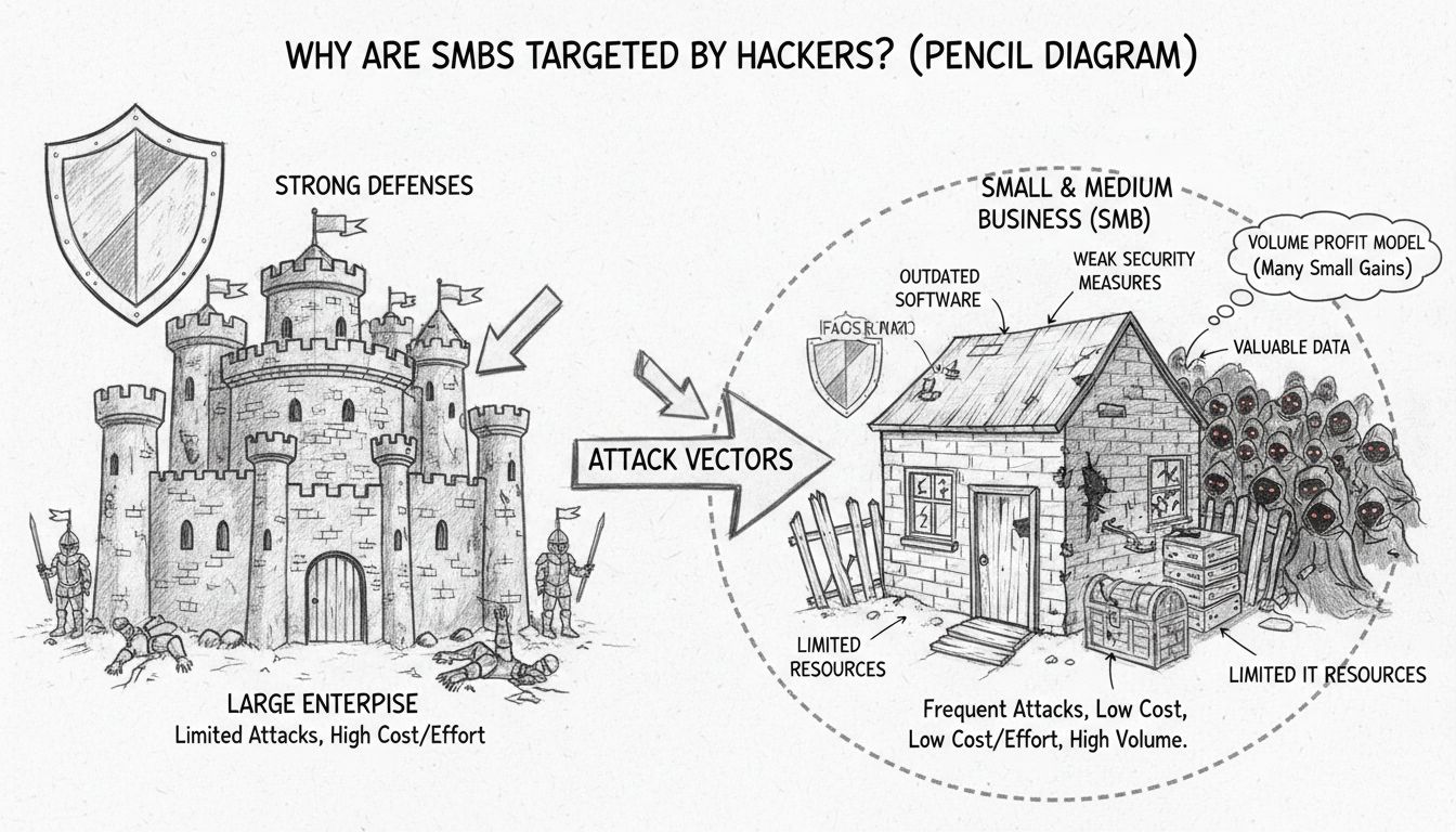 Handgezeichnetes Diagramm, das zeigt, warum KMUs von Hackern angegriffen werden: Vergleich einer 'Enterprise-Festung' mit schwachen KMU-Abwehrmaßnahmen, einschließlich beschrifteter Elemente wie begrenzte IT-Ressourcen, veraltete Software, schwache Sicherheitsmaßnahmen, wertvolle Daten, einfache Einstiegspunkte und volumenbasiertes Gewinnmodell