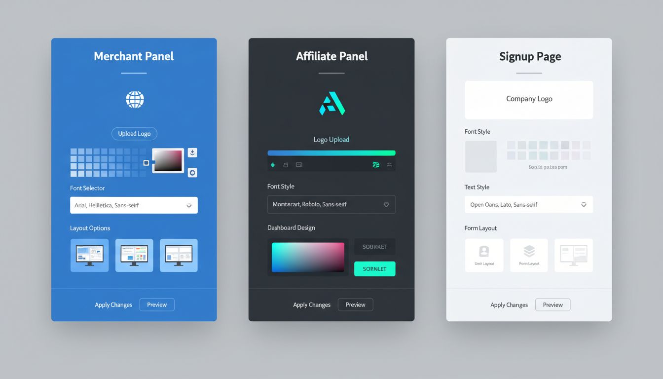 Post Affiliate Pro Theme-Anpassungsoberfläche mit Optionen zur Anpassung von Merchant Panel, Affiliate Panel und Anmeldeseite, einschließlich Farbauswahl, Logo-Upload und Layouteinstellungen