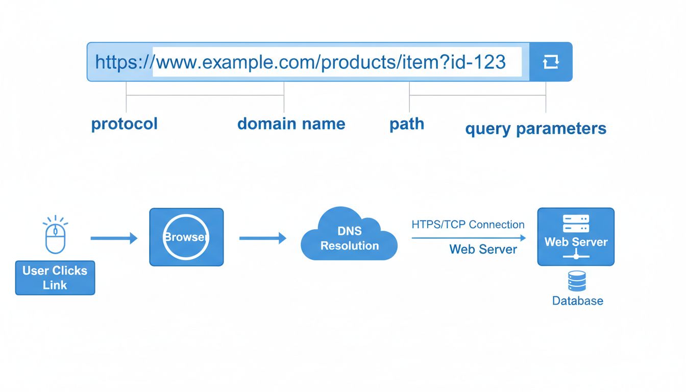 URL-Strukturdiagramm zeigt Protokoll, Domain, Pfad und Parameter-Komponenten
