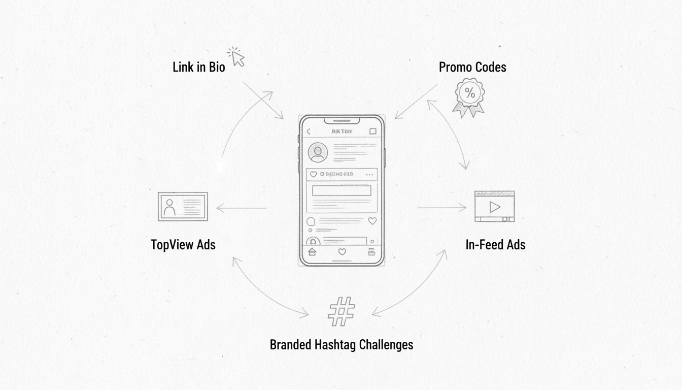 Diagramm einer TikTok-Affiliate-Marketing-Strategie mit Linkplatzierung, Promo-Codes, TopView Ads, In-Feed Ads und Branded Hashtag Challenges