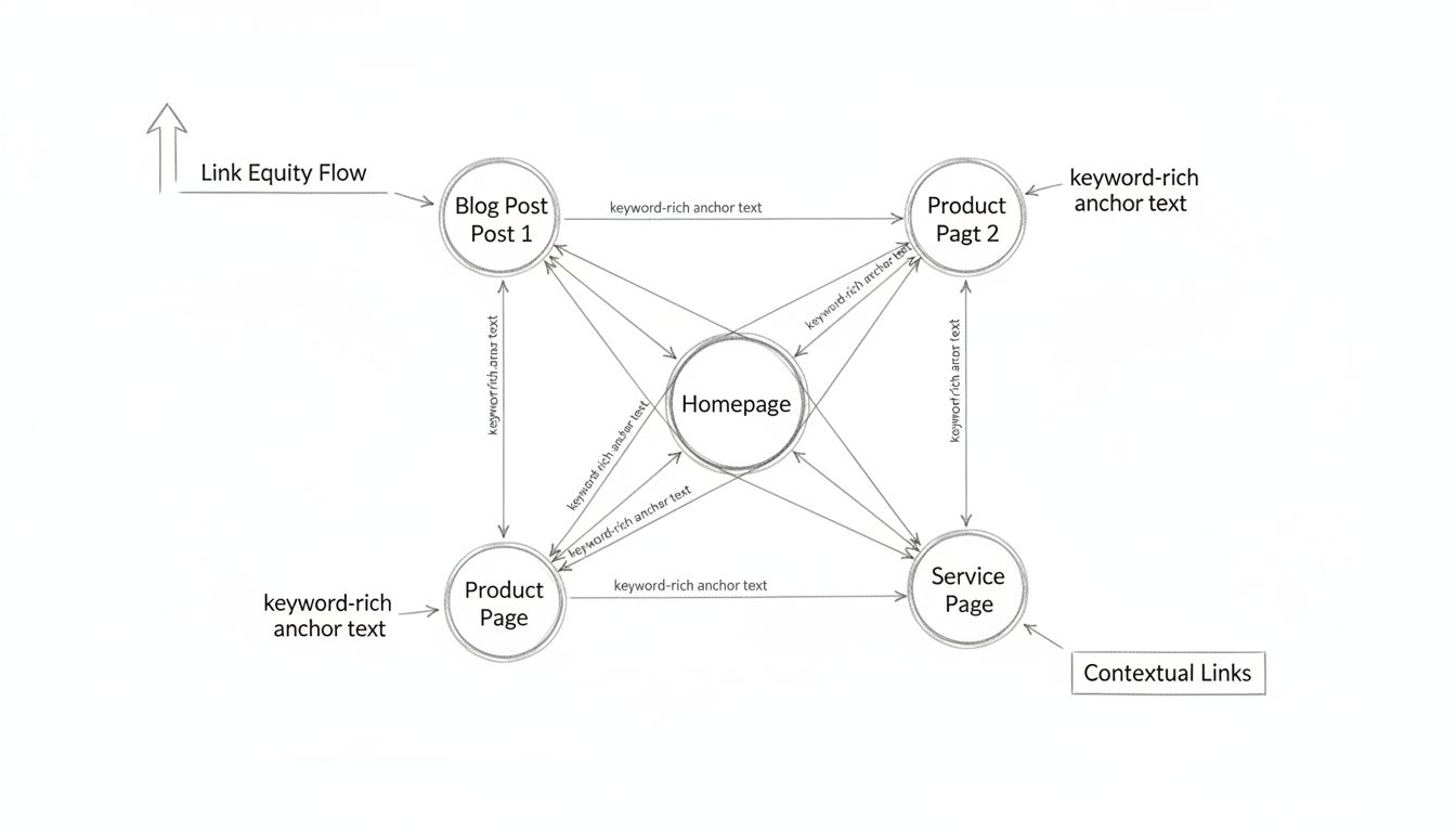 Diagramm einer internen Linking-Strategie, das einen Website-Hub zeigt, der mit mehreren Seiten über keywordreiche Ankertexte und Linkkraft-Verteilung verbunden ist