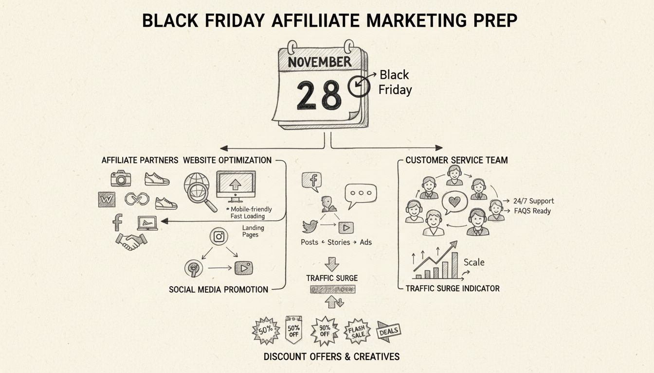 Black Friday Affiliate-Marketing Vorbereitung-Checkliste mit Kalender, Affiliate-Partnern, Website-Optimierung, Social Media Promotion, Kundenservice und Traffic-Anstieg-Indikatoren