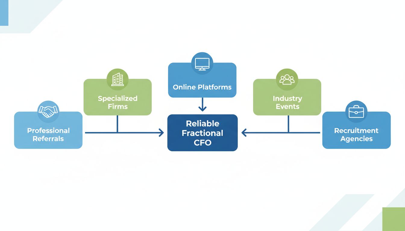 Fünf Hauptkanäle, um einen zuverlässigen Fractional CFO zu finden: professionelle Empfehlungen, spezialisierte Firmen, Online-Plattformen, Branchenevents und Personalagenturen