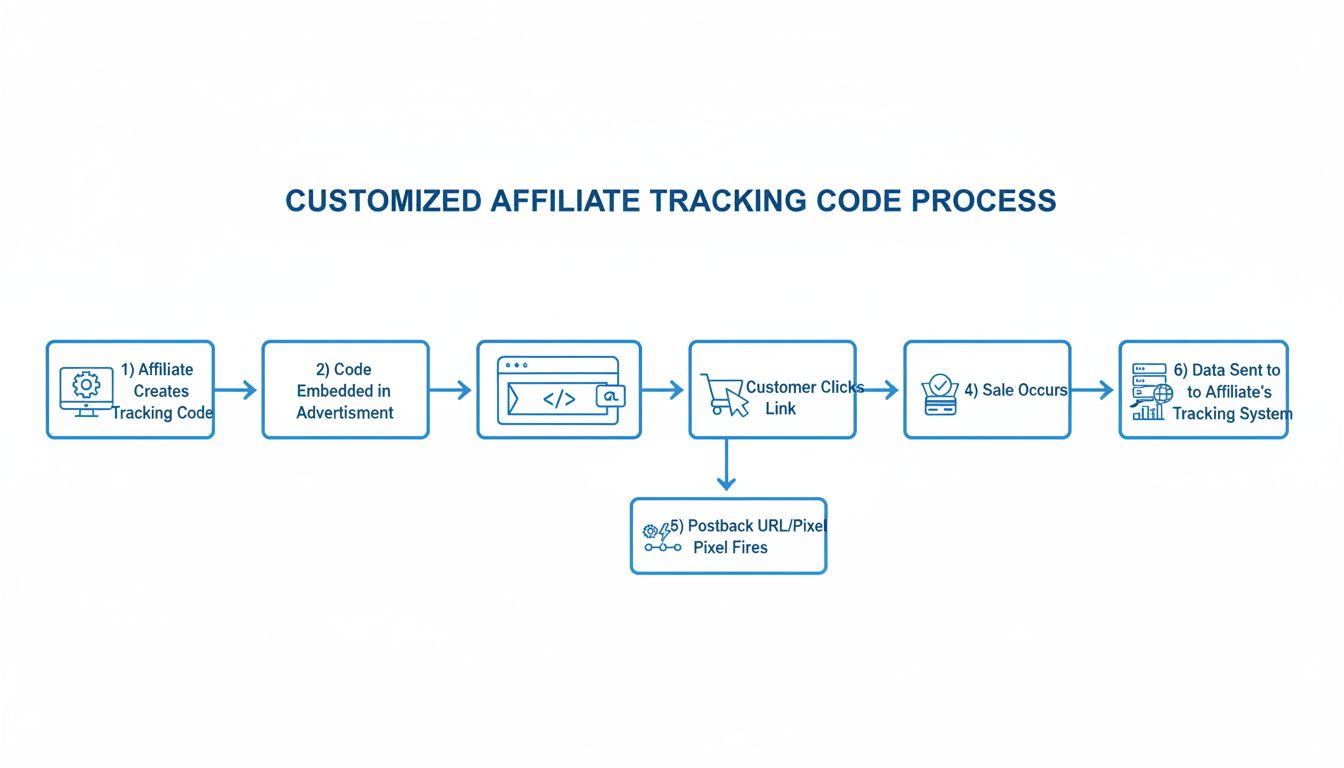Diagramm zum Ablauf von angepassten Affiliate-Tracking-Codes, das zeigt, wie Tracking-Codes erstellt, in Anzeigen eingebettet und bei Verkäufen ausgelöst werden