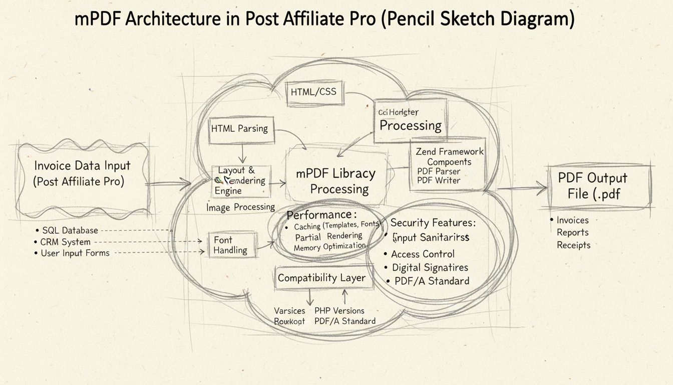 mPDF-Bibliotheksarchitekturdiagramm zeigt PDF-Generierungsablauf von Rechnungsdaten über Verarbeitung bis zur Ausgabe mit Leistungsverbesserungen und Sicherheitsfunktionen