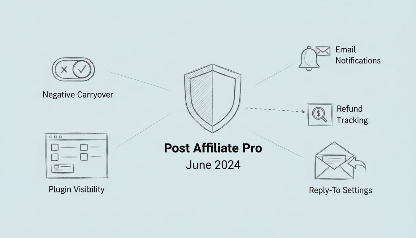 Diagramm der Post Affiliate Pro Juni 2024 Funktionen mit Negative Carryover, Plugin-Sichtbarkeit, E-Mail-Benachrichtigungen, Rückerstattungsverfolgung und Reply-to-Einstellungen