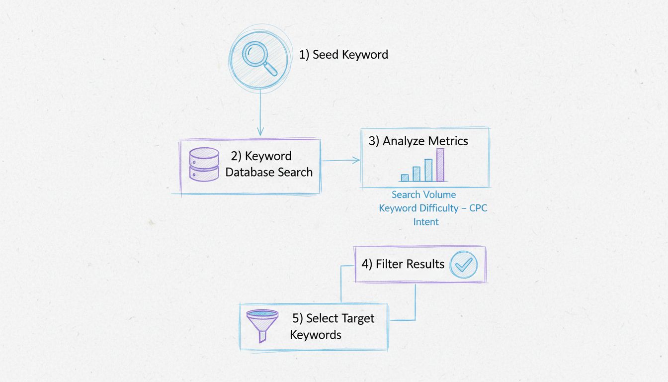 Keyword-Recherche-Workflow-Diagramm mit Schritten von Seed-Keyword bis zur Auswahl des Ziel-Keywords
