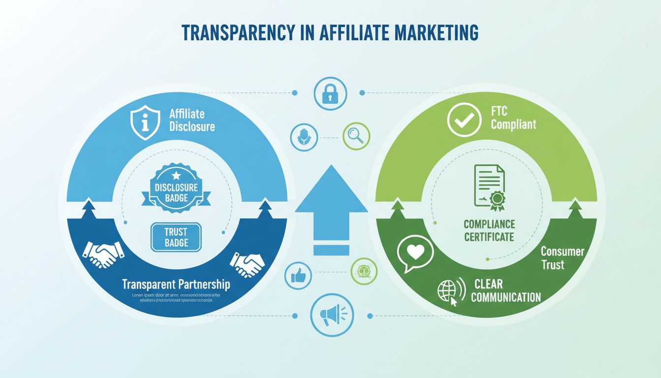 Transparenz im Affiliate-Marketing: Infografik mit Offenlegungsabzeichen, FTC-Konformität, Vertrauenssymbolen und Elementen des Verbrauchervertrauens