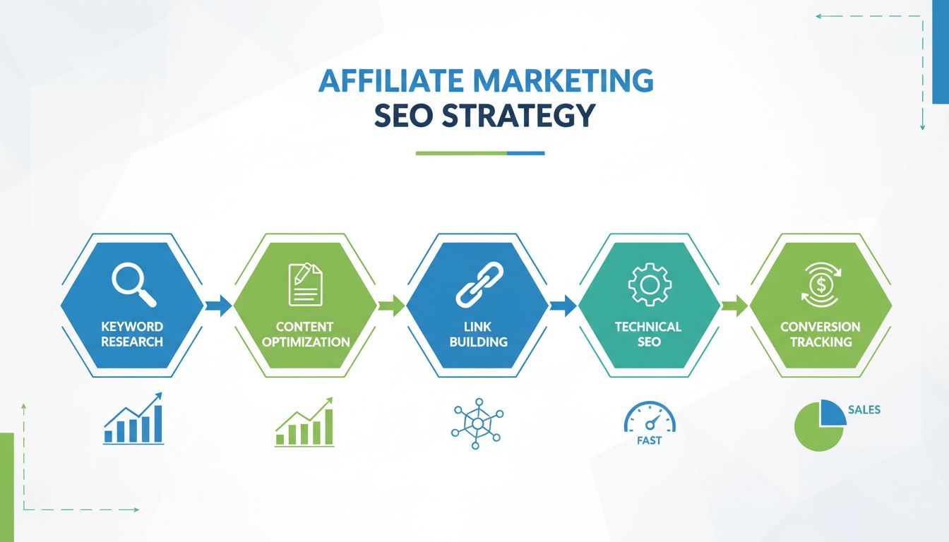 SEO-Strategie für Affiliate-Marketing: Infografik mit Keyword-Recherche, Content-Optimierung, Linkaufbau, technischem SEO und Conversion-Tracking