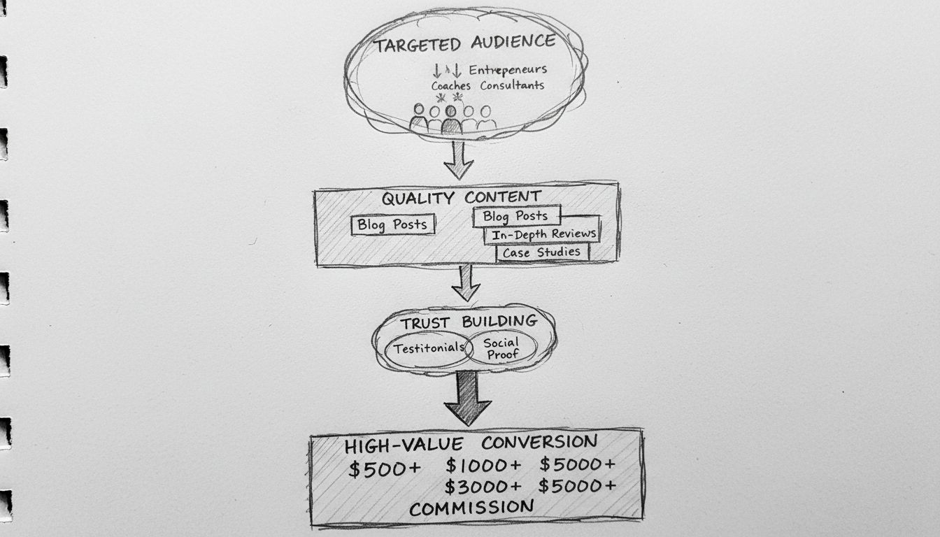 Hand-drawn pencil diagram of high-ticket affiliate marketing funnel showing progression from targeted audience through quality content and trust building to high-value conversions