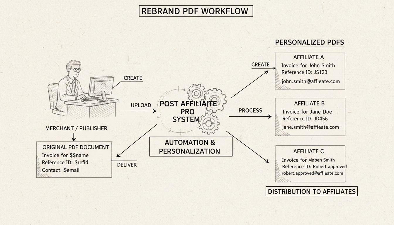 Rebrand PDF Ablaufdiagramm zeigt, wie Händler PDFs mit Variablen erstellen, die automatisch für jeden Partner personalisiert werden