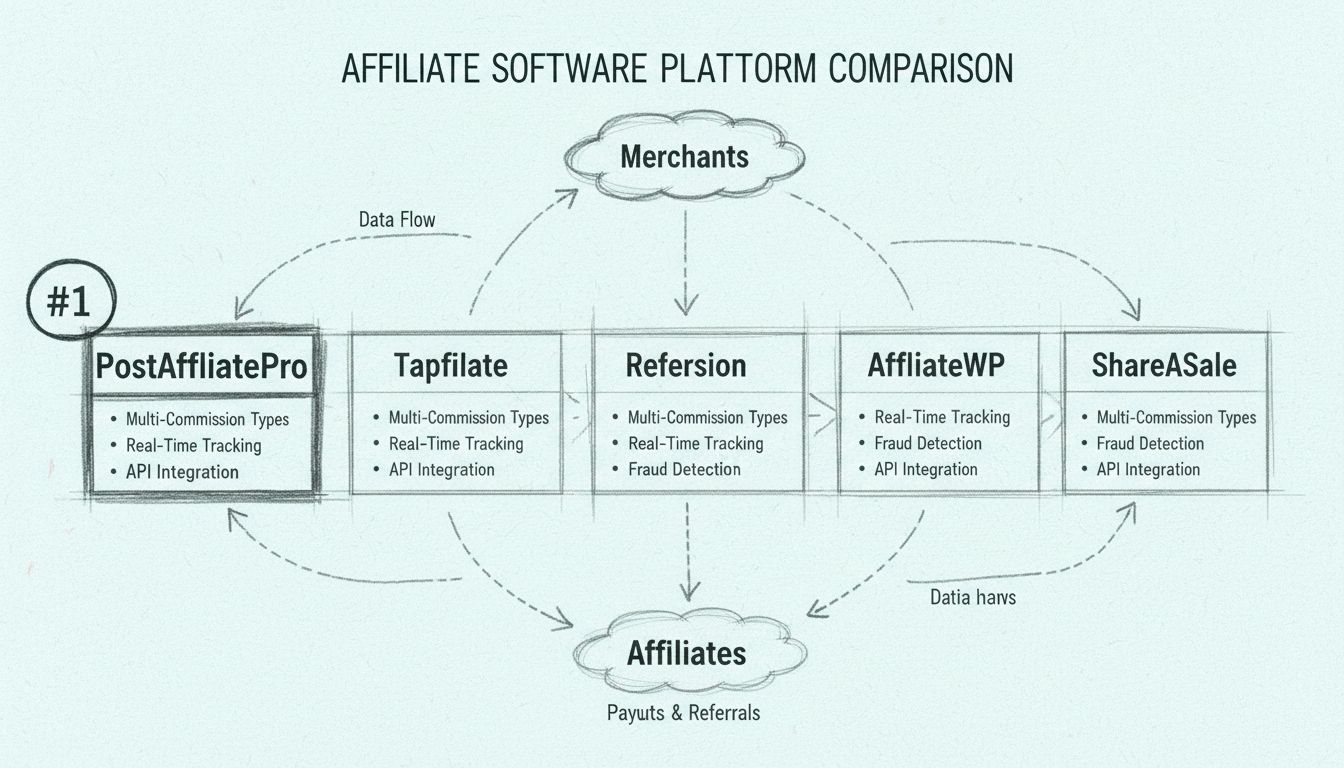 Vergleichsdiagramm der führenden Affiliate-Software-Plattformen, darunter PostAffiliatePro, Tapfiliate, Refersion, AffiliateWP und ShareASale, mit hervorgehobenen Hauptfunktionen