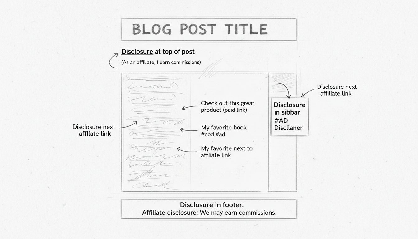 Handgezeichnetes Diagramm mit Best Practices für die Platzierung von Affiliate-Hinweisen mit Markierungen für Beitragsanfang, neben Links, Fußzeile und Sidebar