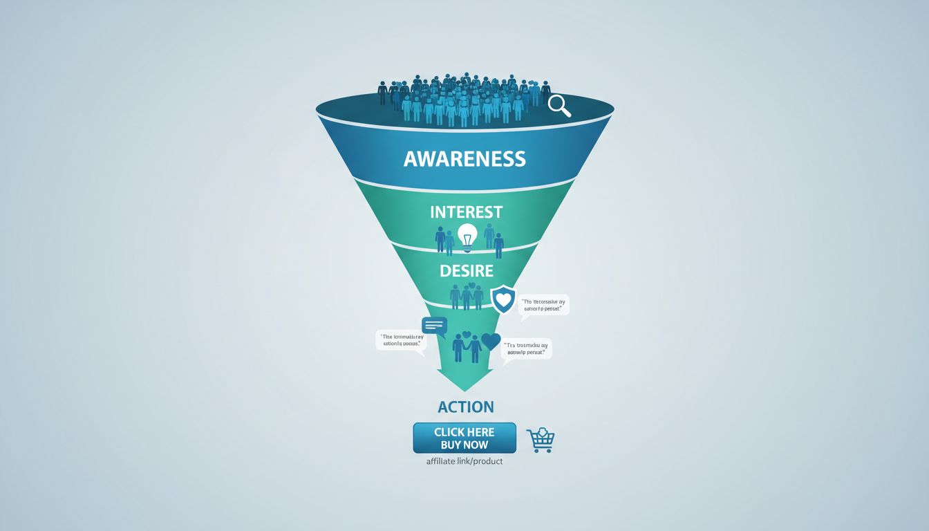 AIDA-Funnel-Diagramm mit vier Stufen von Awareness bis Action und Konversionsfluss