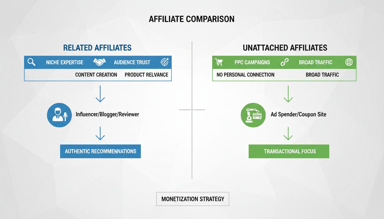 Vergleichsdiagramm von verwandten vs. unabhängigen Affiliates mit Nischenexpertise, Zielgruppenvertrauen, Content-Erstellung, PPC-Kampagnen und Traffic-Quellen