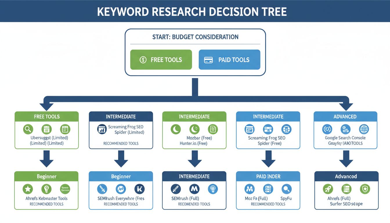 Entscheidungsbaum-Diagramm zur Auswahl von Keyword-Recherche-Tools basierend auf Budget und Erfahrungsstand