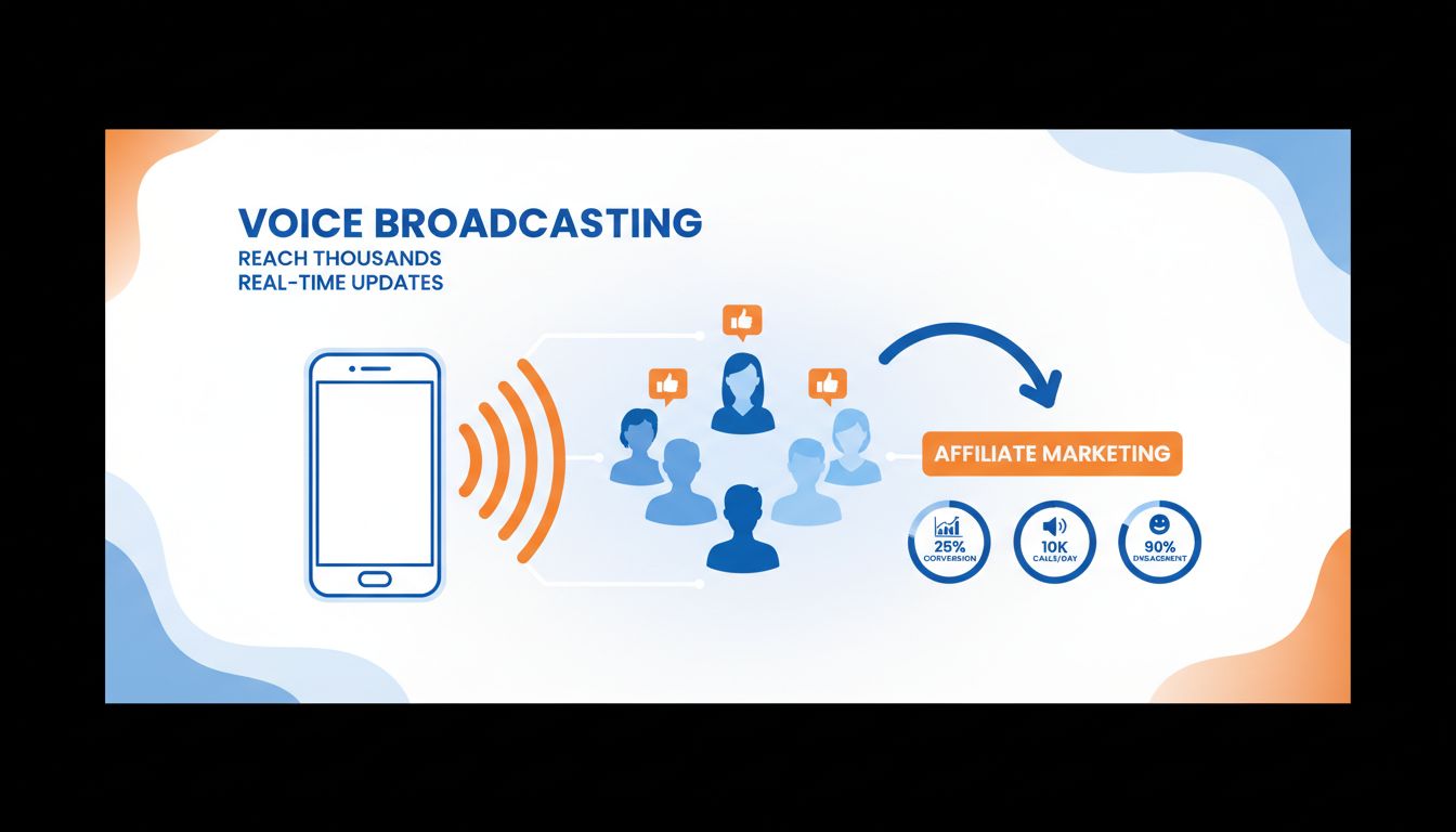 Voice-Broadcasting-Infografik zeigt Smartphone mit Schallwellen, die mehrere Kunden im Affiliate-Marketing erreichen