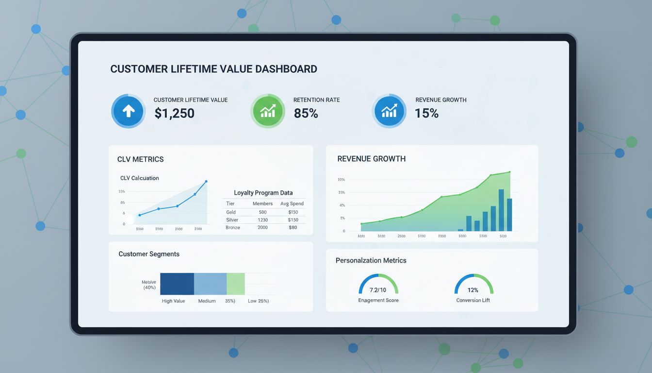 Customer Lifetime Value Dashboard showing CLV metrics, retention rates, and revenue growth analytics